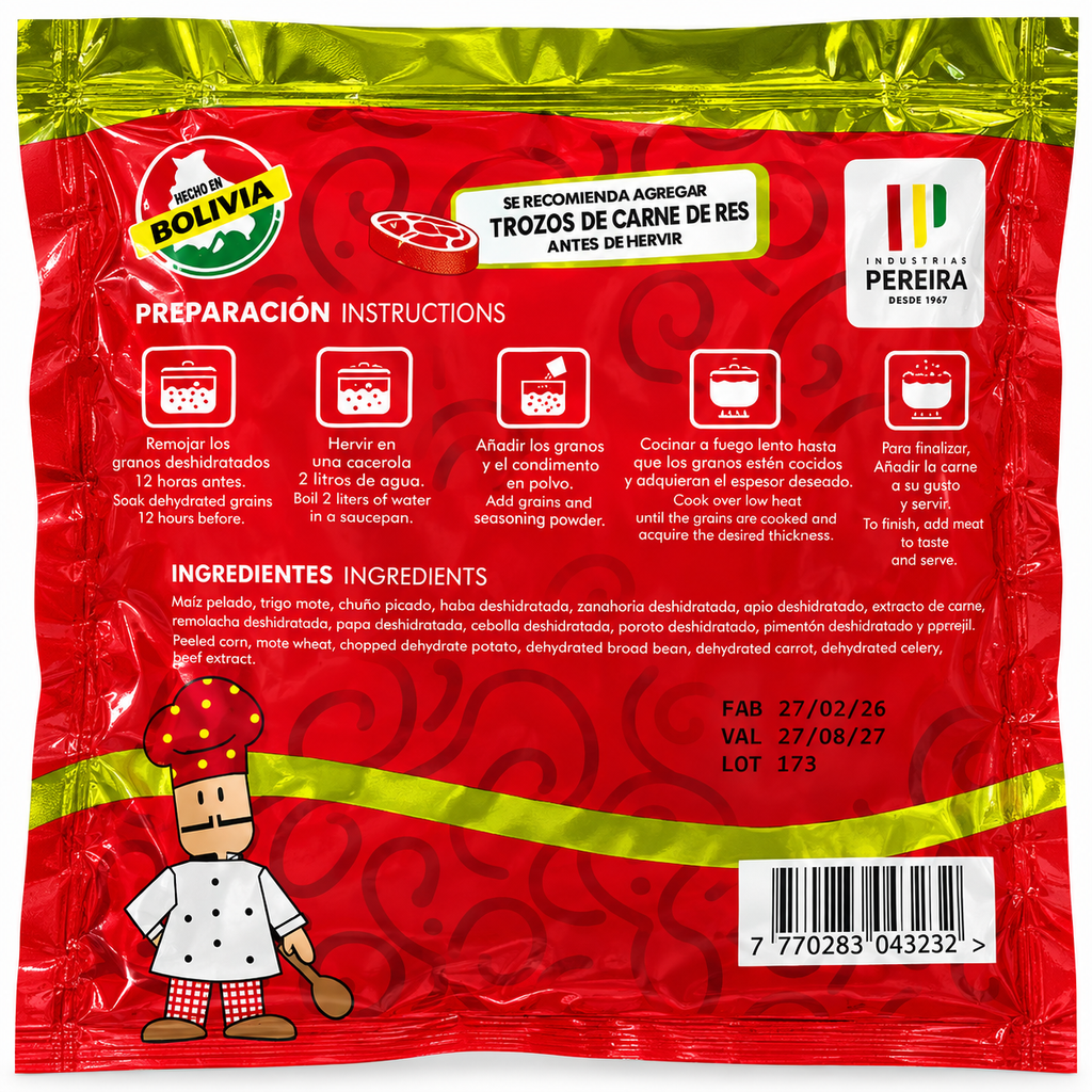 Reverso Chairito Pereira 200g, preparación e ingredientes – chairo soup mix back of packet, instructions