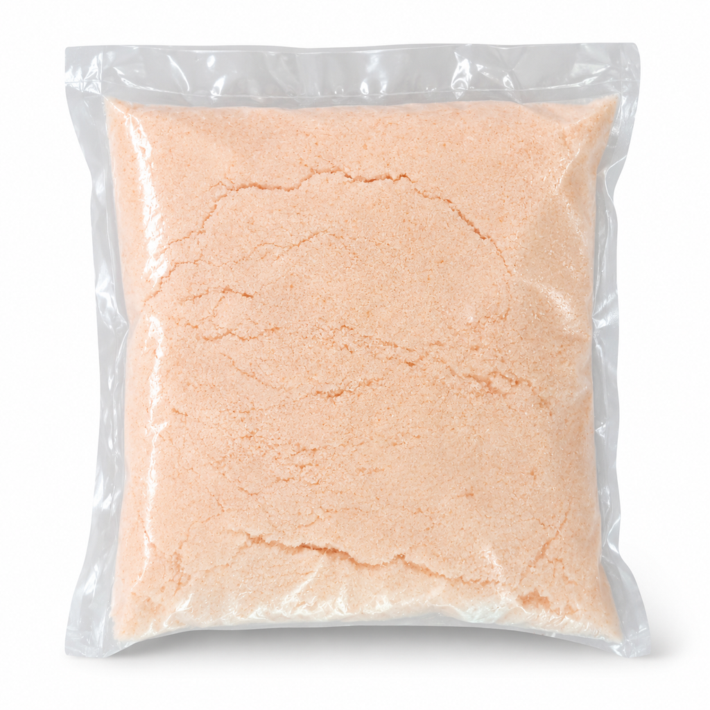 Reverso bolsa Sal Rosada Chaqueña Elohim 500g – back of bag of coarse Bolivian pink salt crystals