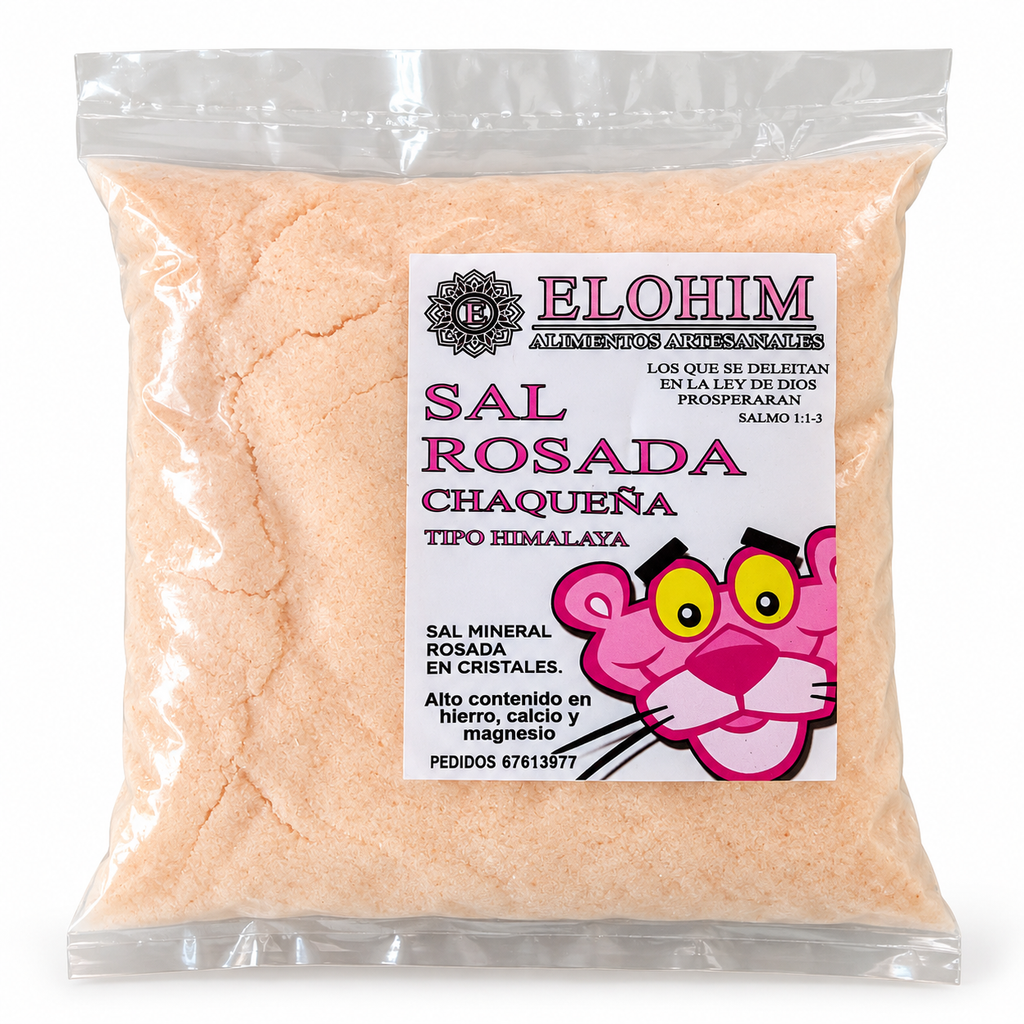 Sal Rosada Chaqueña Elohim 500g en cristales – Bolivian pink mineral salt crystals, 500g bag, front