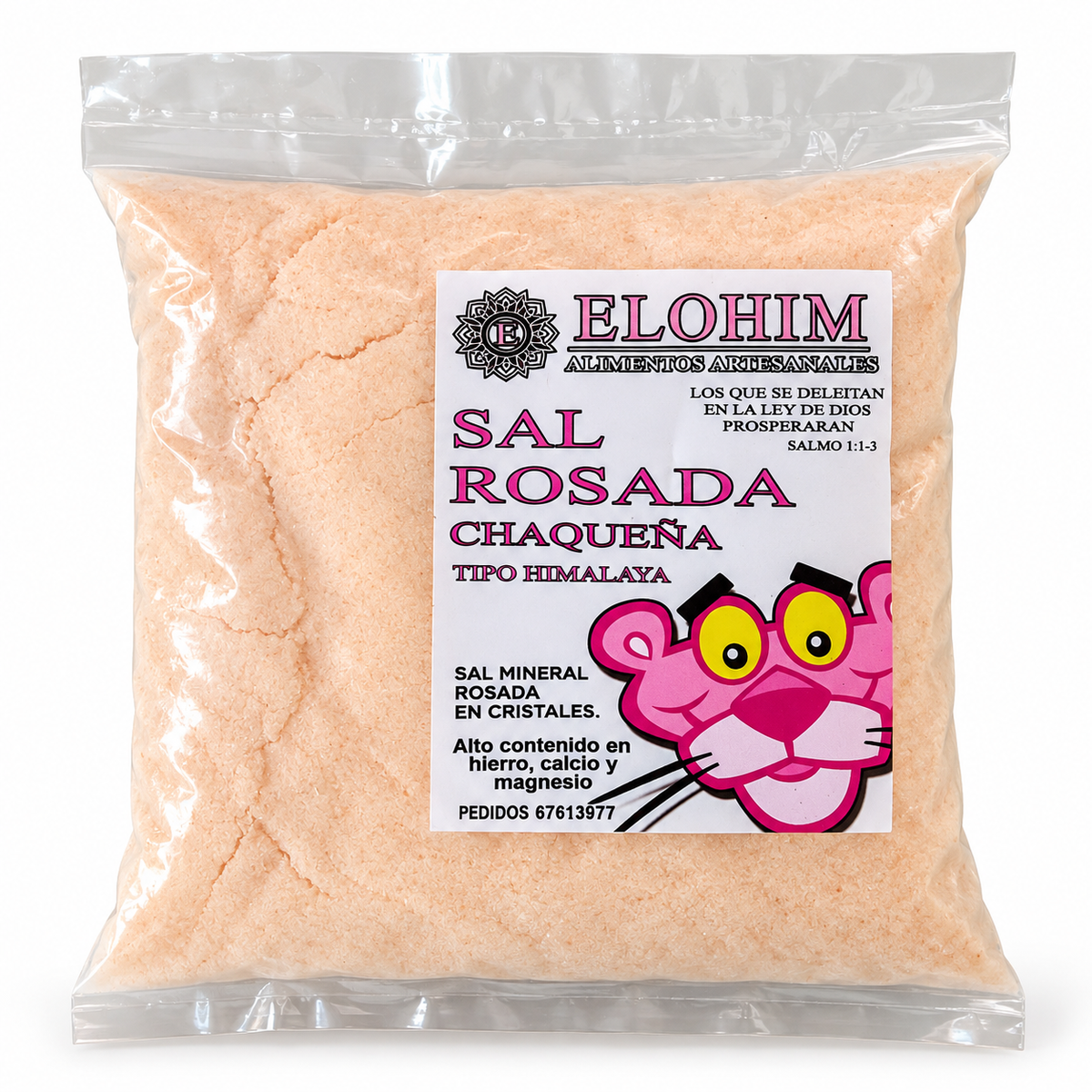 Sal Rosada Chaqueña Elohim 500g en cristales – Bolivian pink mineral salt crystals, 500g bag, front