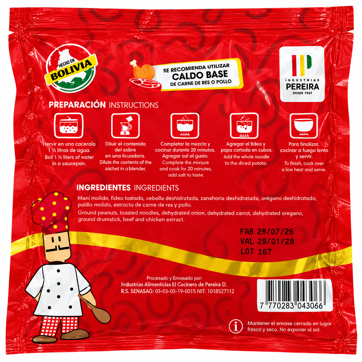 Reverso Sopa de Maní Pereira 200g, preparación e ingredientes. Peanut soup mix back of packet