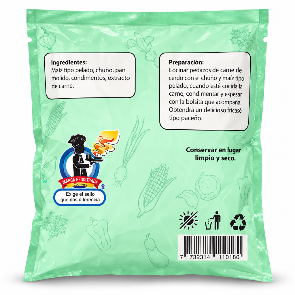 Productos Cocinero Fricasé Paceño mix back of packet, ingredients and prep