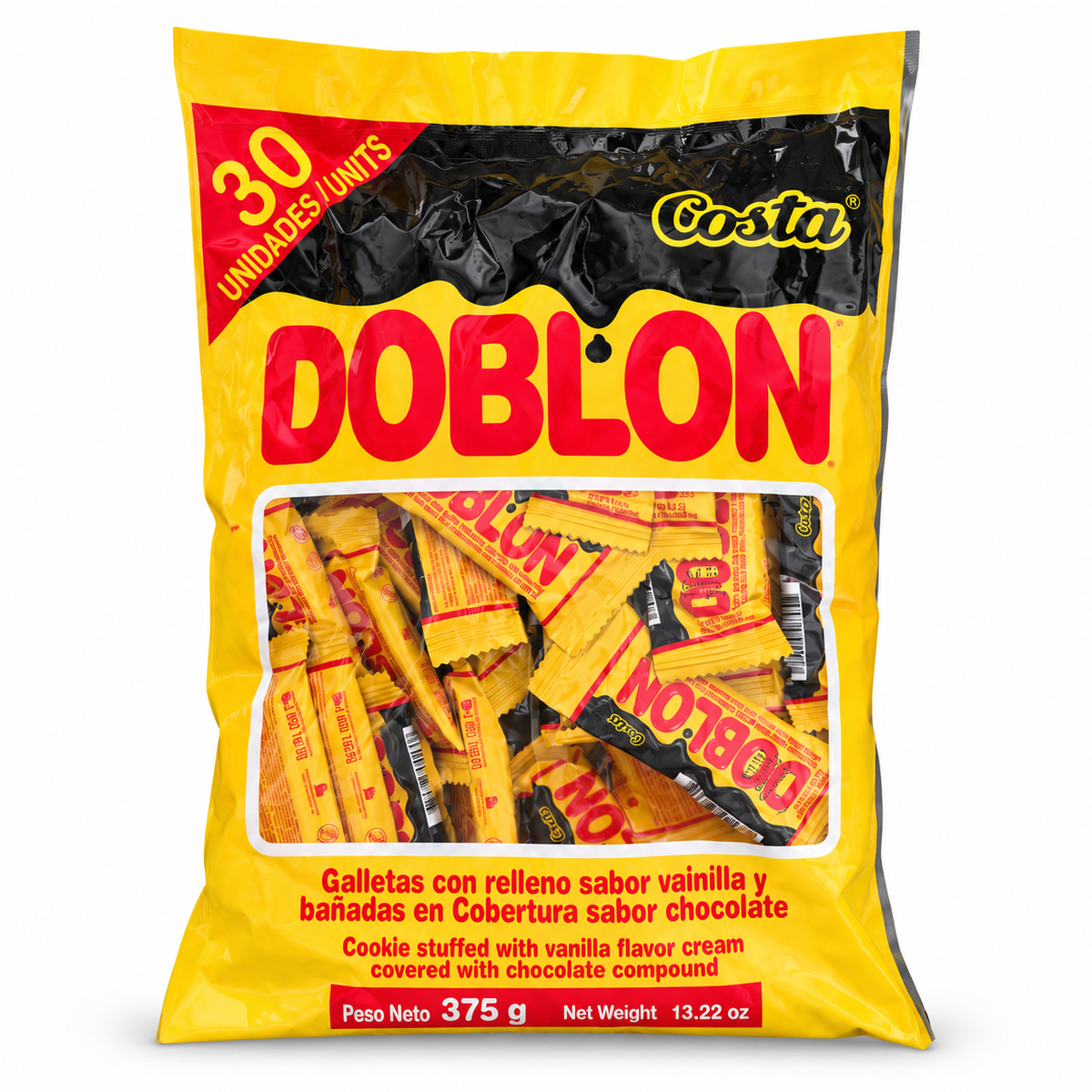 Costa Doblón front of bag, vanilla cream cookies with chocolate coating